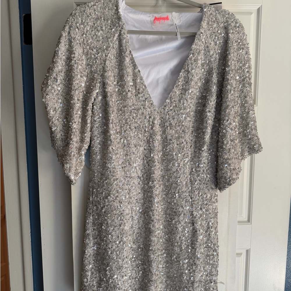 Free People Party Girl Silver Sequin V-Neck Dress